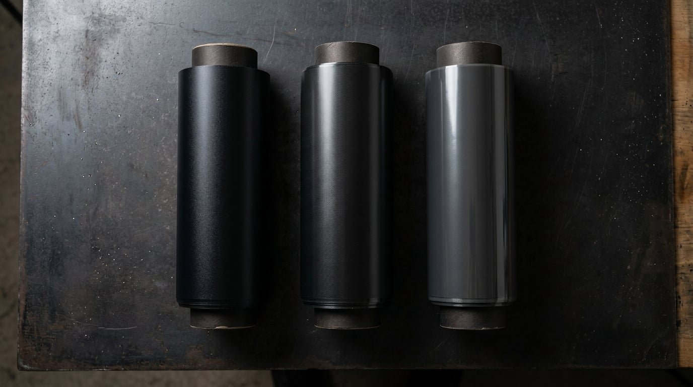 Rolls of ceramic, carbon and dyed automotive window tint film laid out on a dark workshop surface
