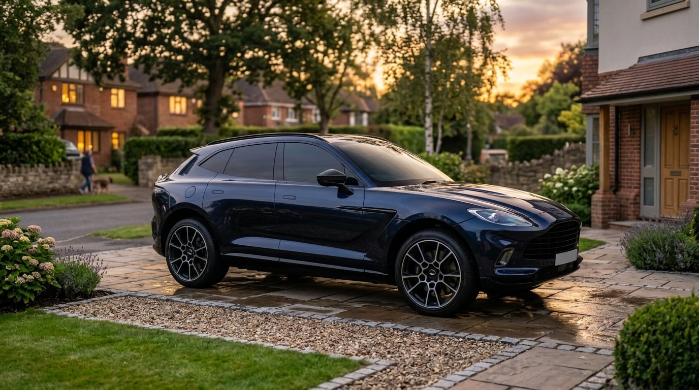 Modern premium car with professionally tinted windows parked on a driveway at golden hour