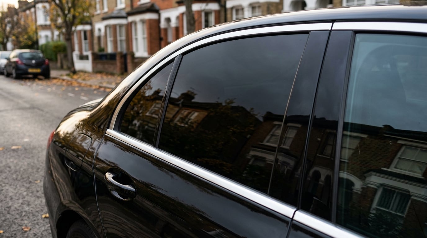 Close-up of a modern car with professionally tinted dark side windows parked on a UK street