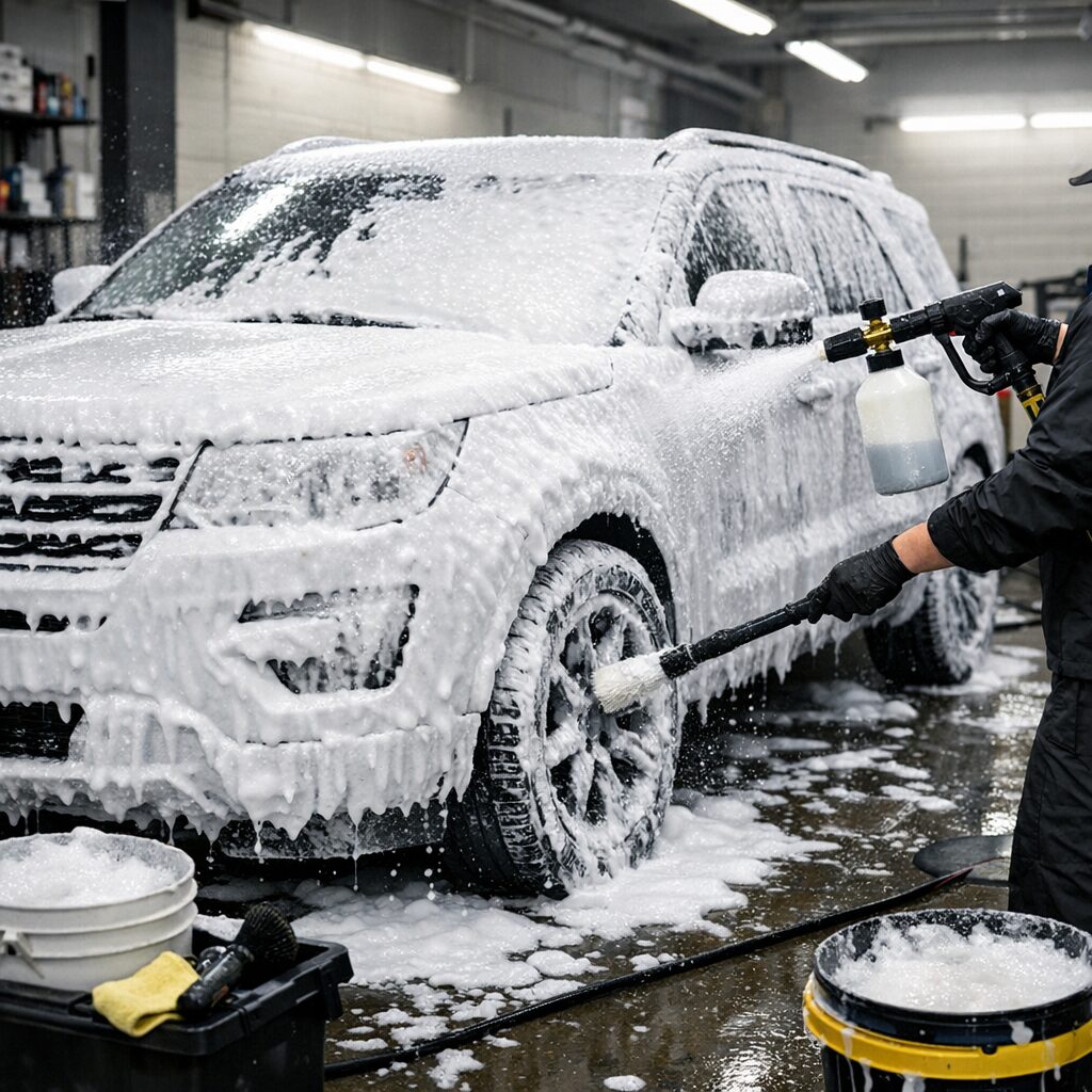 Professional car detailing foam wash being applied at Wizz's Wraps studio in Stoke-on-Trent