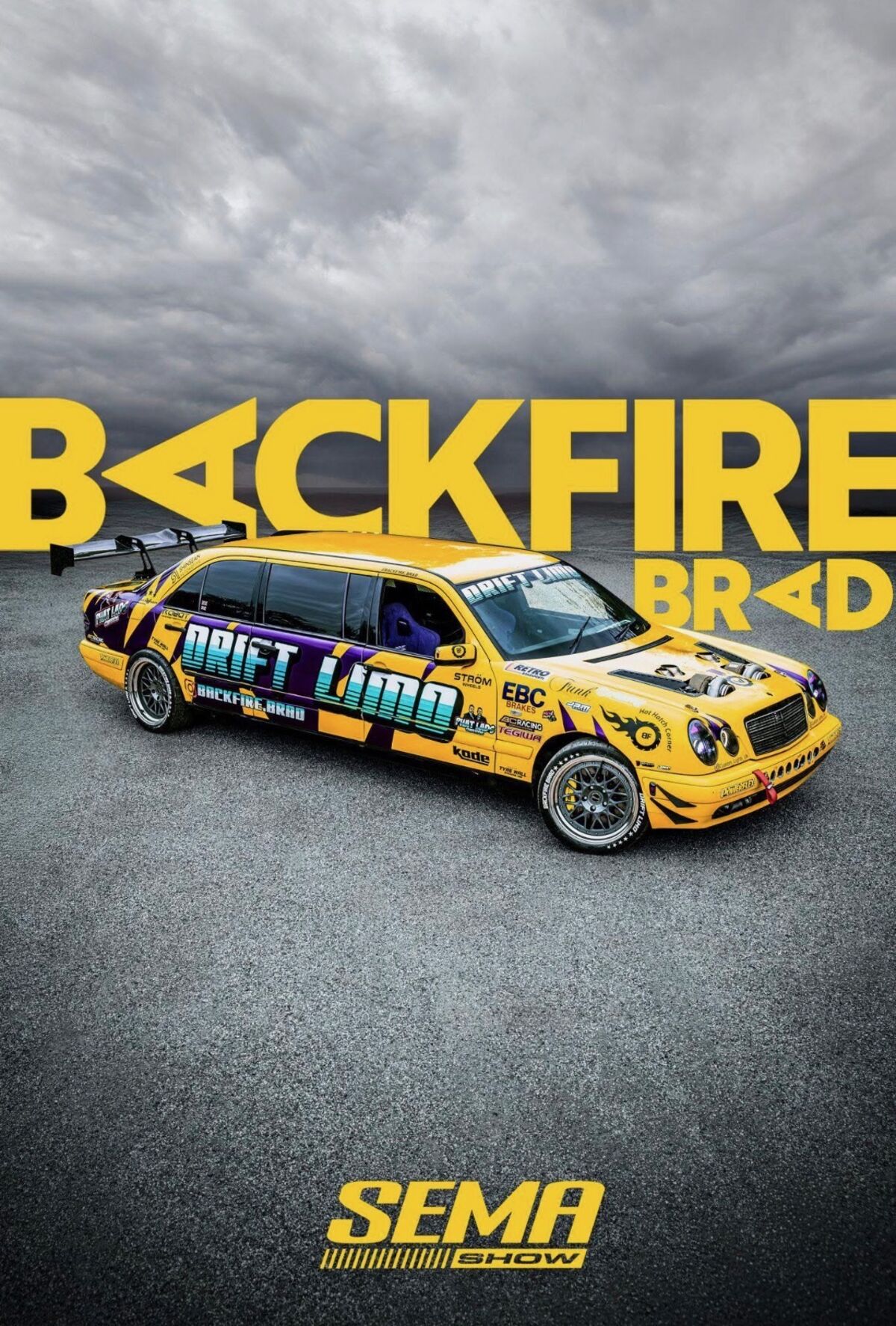 The drift limo in its original yellow livery with Backfire Brad branding at SEMA Show — before the purple transformation