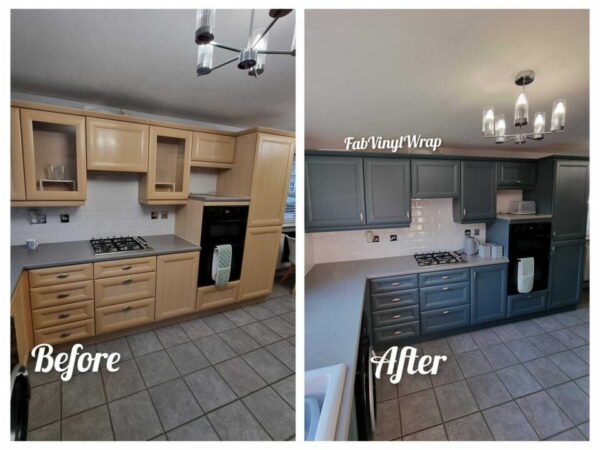 Kitchen cabinets transformed with solid colour vinyl wrap showing modern grey finish