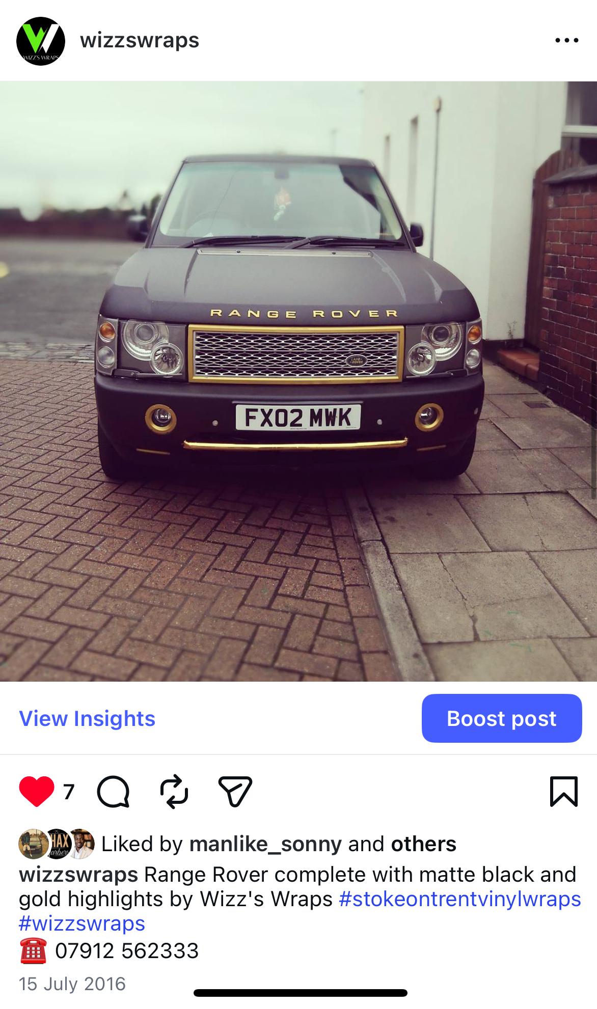 Range Rover wrapped in matte black with gold highlights by Wizz's Wraps, 2016