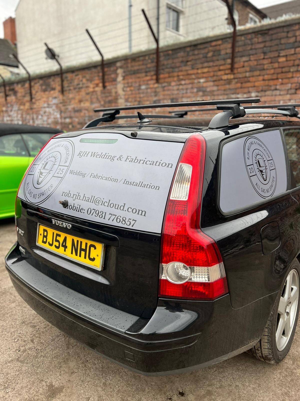 RJH Welding and Fabrication Volvo V50 rear view showing full window graphics installation by Wizz's Wraps Stoke-on-Trent