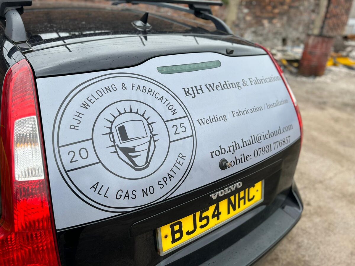 RJH Welding and Fabrication rear window vinyl graphics with logo and contact details on Volvo V50 in Stoke-on-Trent