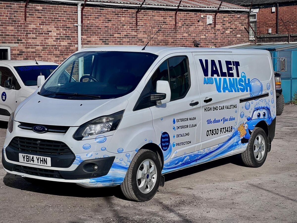 Valet and Vanish Ford Transit Custom van wrap side view showing full bubble graphics and branding in Stoke-on-Trent