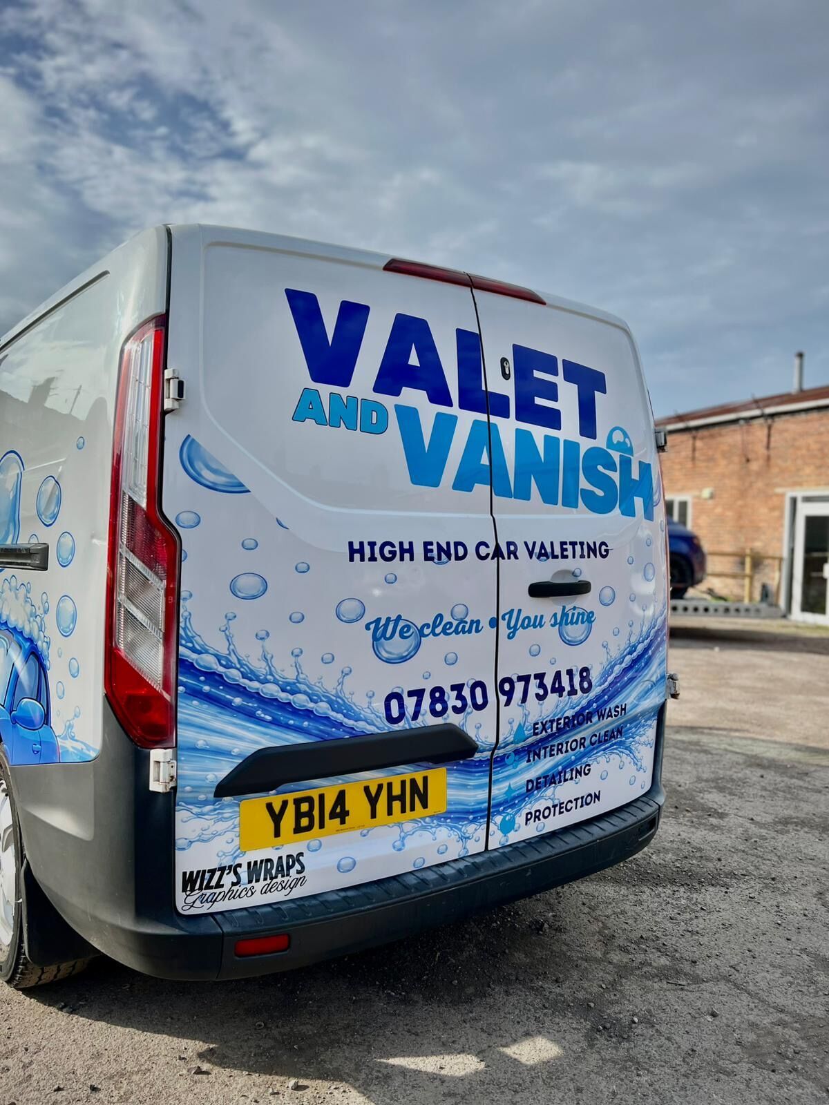 Valet and Vanish Ford Transit van wrap rear doors showing full branding and contact details